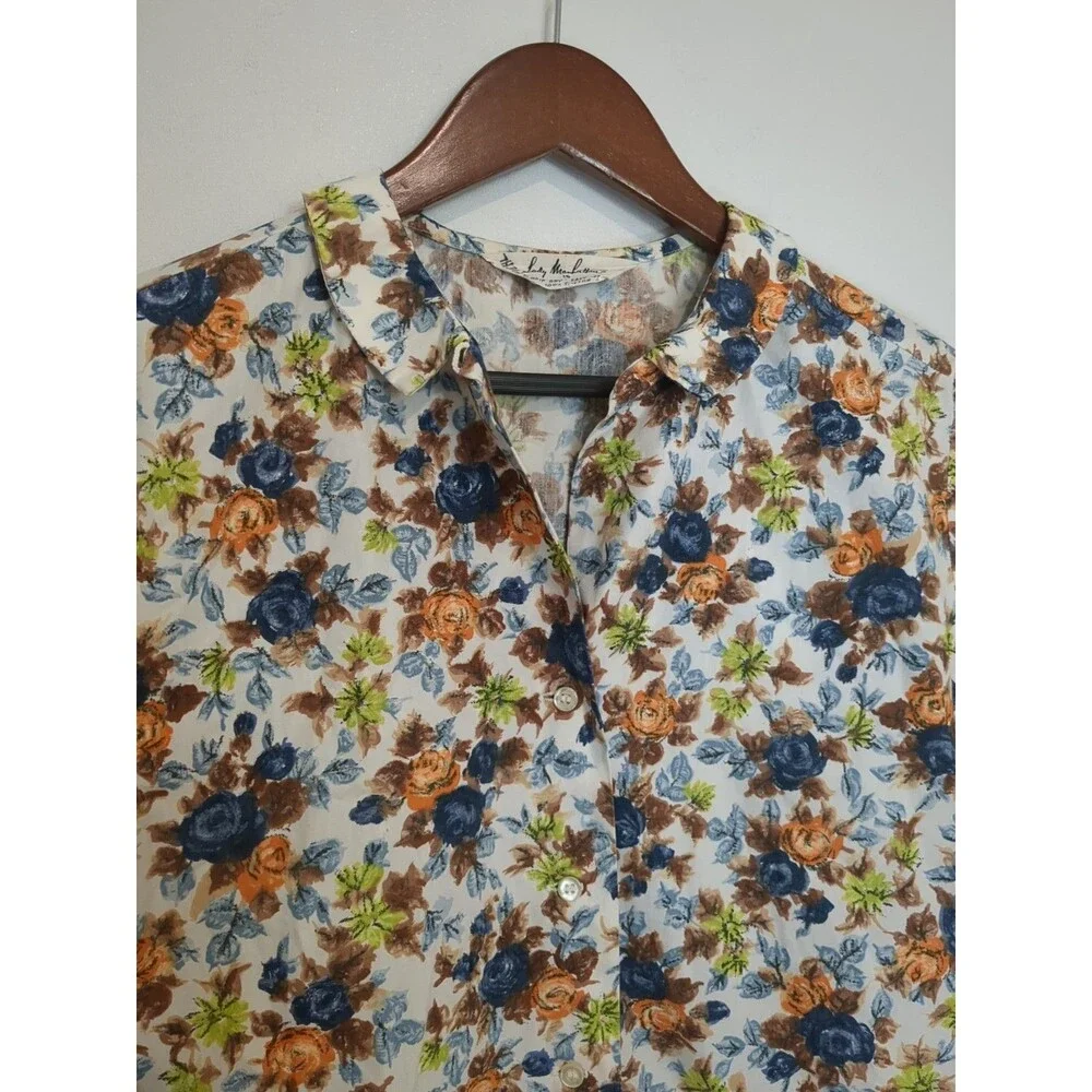 Vintage Lady Manhattan Shirt 50s 60s Button Up Collar Blouse Roses Cotton B44 L